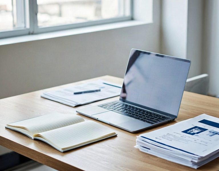 Heller professioneller Arbeitsplatz mit offenem Notizbuch, Laptop und wenigen geordneten Unterlagen. Atmosphäre von Orientierung, Planung un